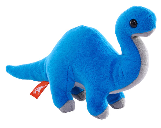Blue plush dinosaur toy with a long tail and gray accents, standing on four legs.
