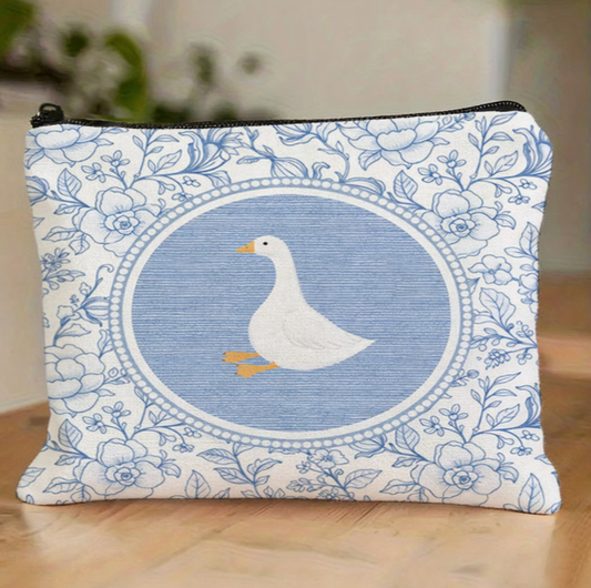 blue and white floral goose makeup pouch with vintage-inspired Qinghua style botanical design and white goose centerpiece