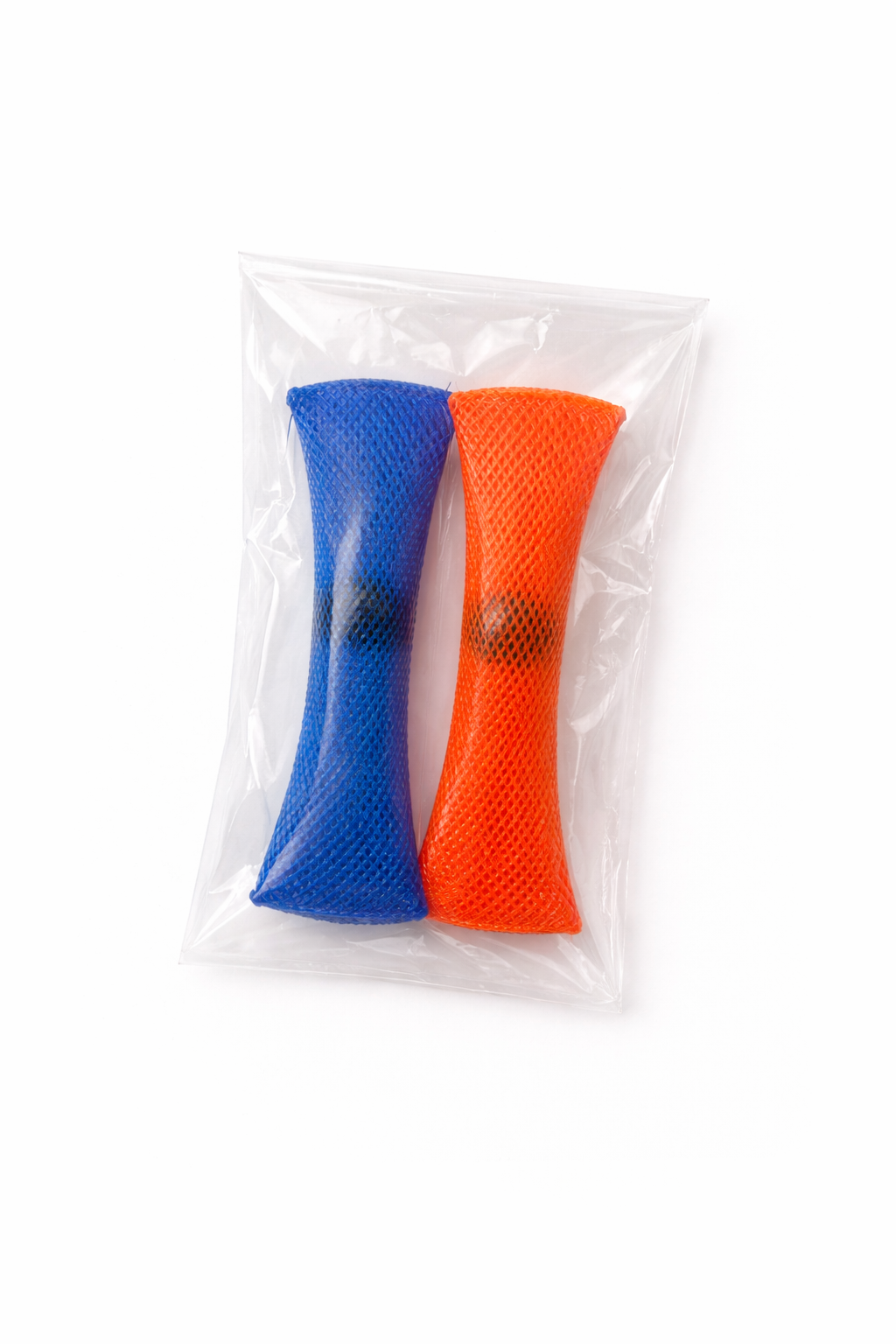Blue and orange braided mesh marble fidget toys in clear plastic packaging with marbles inside the woven mesh sleeves.