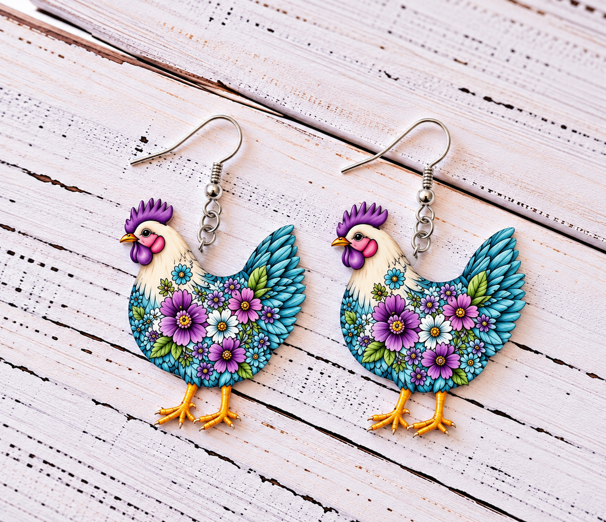 Blue and purple floral chicken acrylic dangle earrings with silver-tone hooks