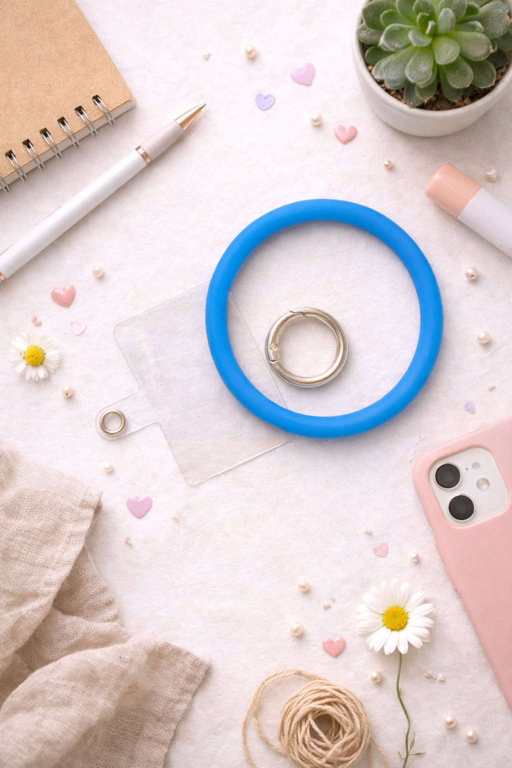 Blue silicone wristlet keychain with metal ring and phone attachment card