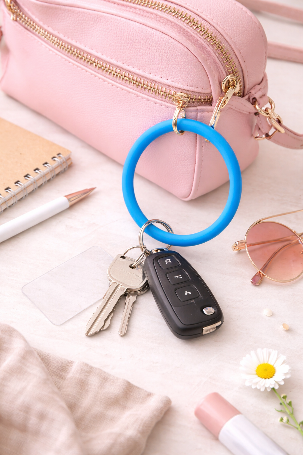 Blue wristlet keychain attached to keys and clipped to a pink bag