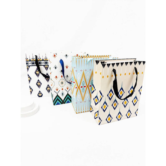Assorted boho-style medium gift bags with geometric patterns and handles displayed together with size reference and individual designs