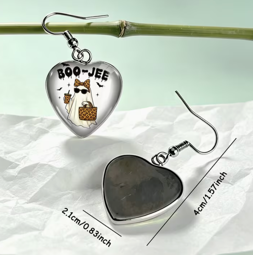 Front and back of BOO-JEE ghost heart earrings showing approximately 1.57 inch length and 0.83 inch width