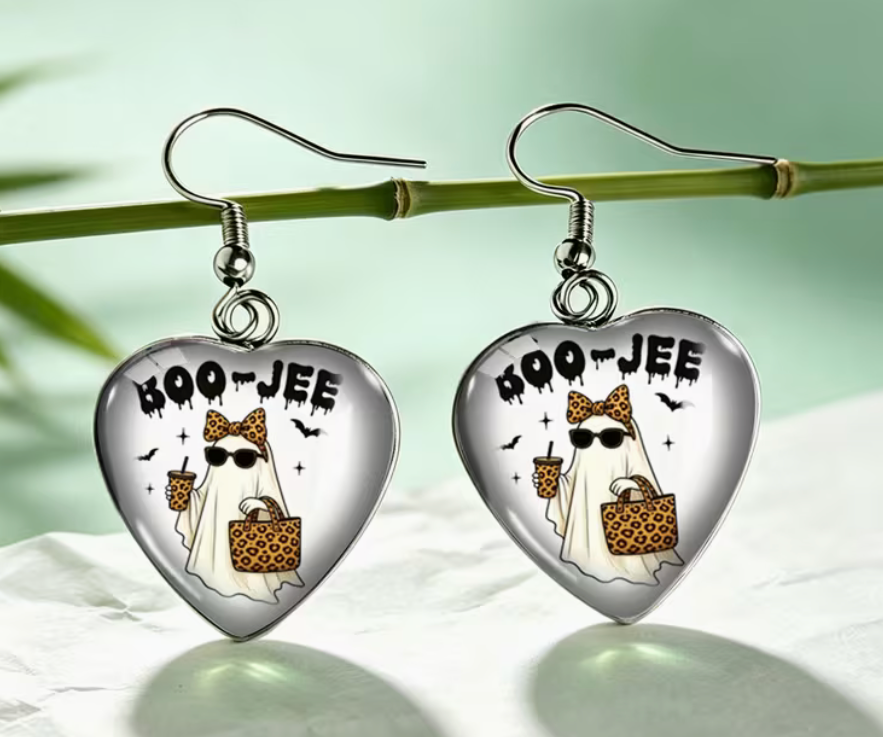 BOO-JEE heart-shaped ghost earrings with leopard print bow, bag and drink