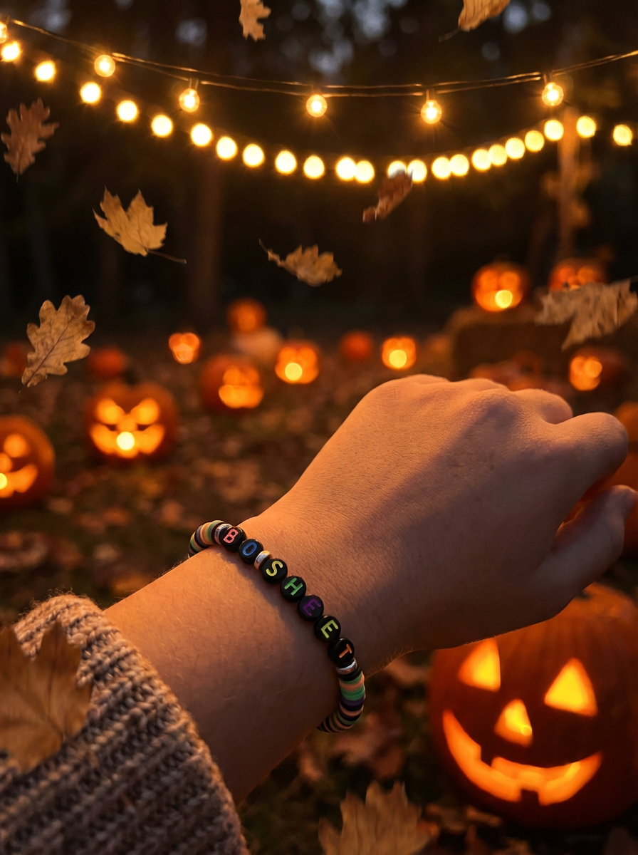 Hand wearing a colorful beaded bracelet with pumpkins and string lights in the background