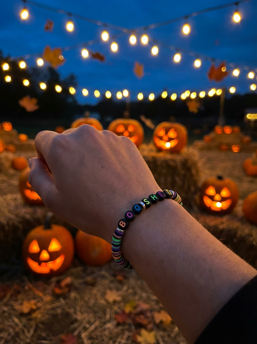 Hand wearing a colorful beaded bracelet reaching towards glowing pumpkins under string lights at night.