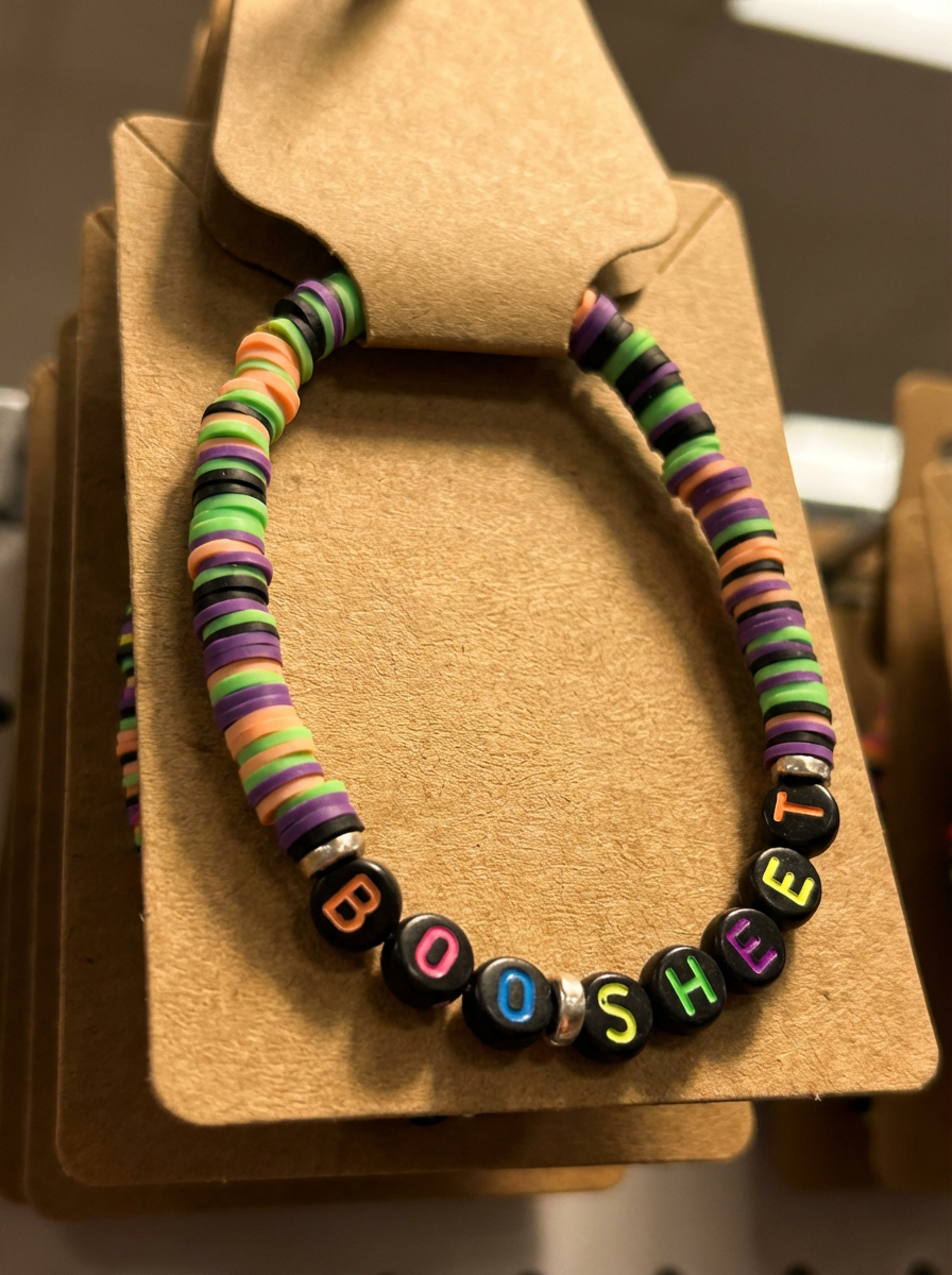 Colorful beaded necklace with letter beads on a brown display stand