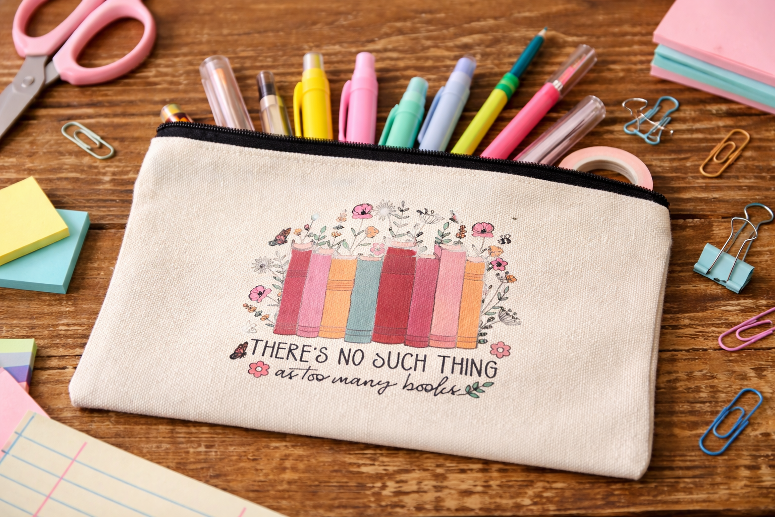 Canvas pencil pouch with books and flowers design and the phrase there’s no such thing as too many books, filled with pens and highlighters on a desk