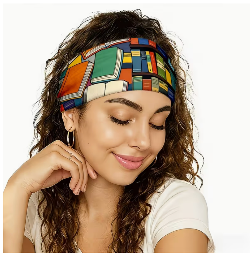 Colorful book pattern twist headband with stretchy moisture-wicking fabric, perfect for readers, workouts, yoga, running, travel, and everyday wear.