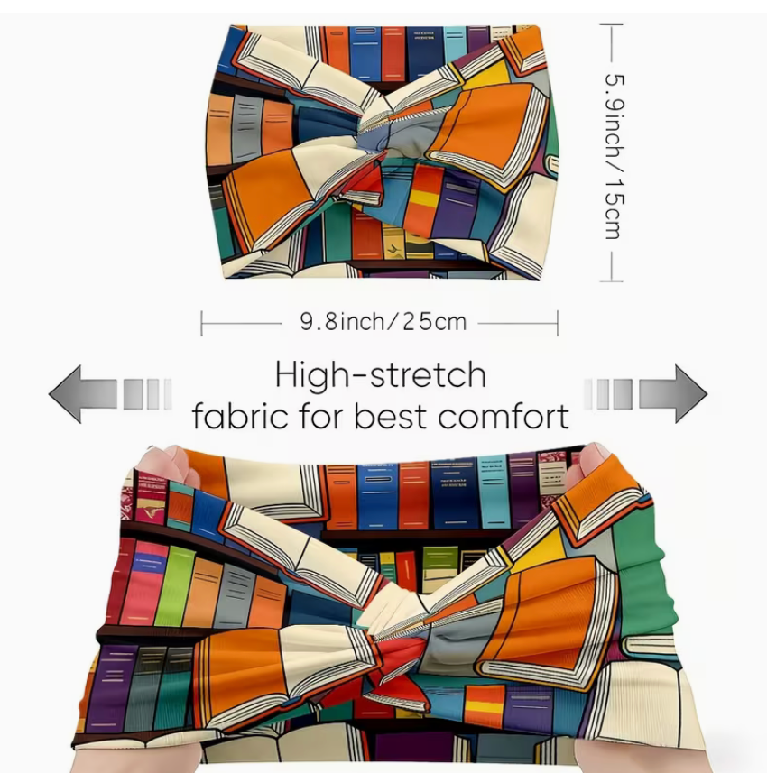Colorful book pattern twist headband with stretchy moisture-wicking fabric, perfect for readers, workouts, yoga, running, travel, and everyday wear.
