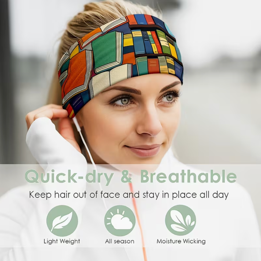 Colorful book pattern twist headband with stretchy moisture-wicking fabric, perfect for readers, workouts, yoga, running, travel, and everyday wear.