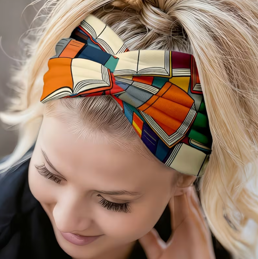 Colorful book pattern twist headband with stretchy moisture-wicking fabric, perfect for readers, workouts, yoga, running, travel, and everyday wear.