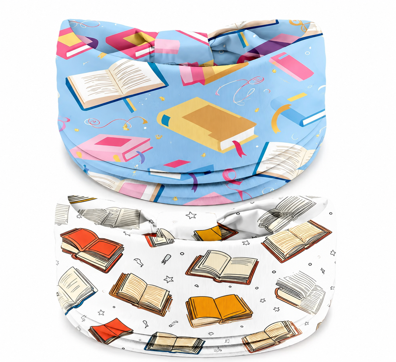 Twist headbands featuring colorful scattered books and open book illustrations, soft stretchy fabric for reading, yoga, running, travel, and everyday wear.