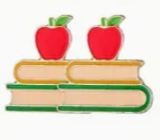 Pair of stud earrings featuring a colorful stack of books topped with a red apple, cute bookish jewelry perfect for teachers and educators
