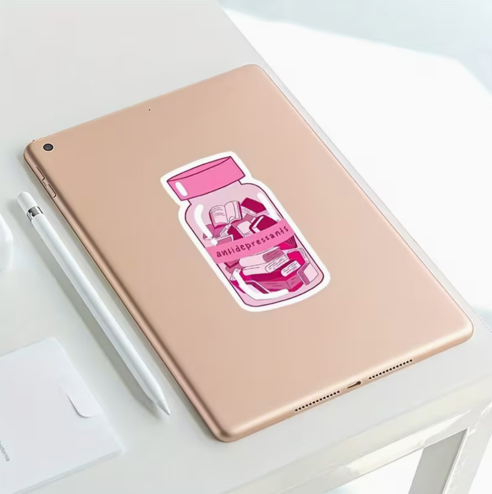 Pink bookish antidepressants sticker featuring a bottle filled with books