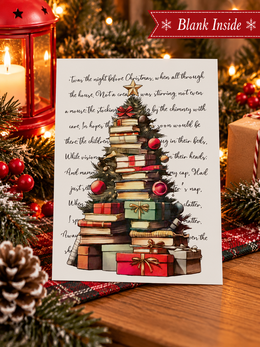 Bookish Christmas greeting card featuring a Christmas tree made from stacked books and wrapped presents