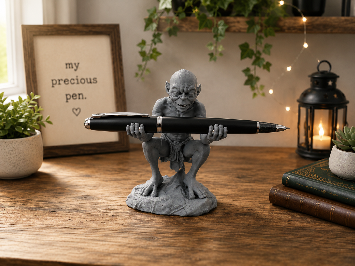 Gray fantasy creature desk accessory holding a black pen in a book-themed office setup