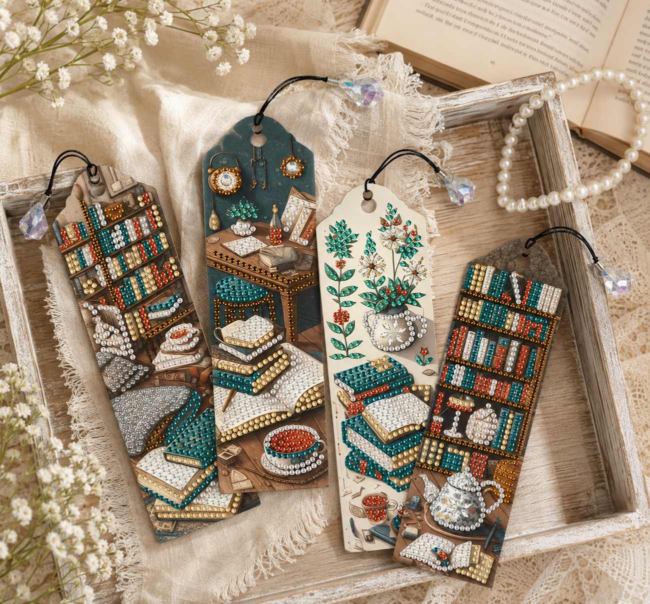 Four finished book-themed diamond art bookmarks with sparkling rhinestone details and crystal pendants