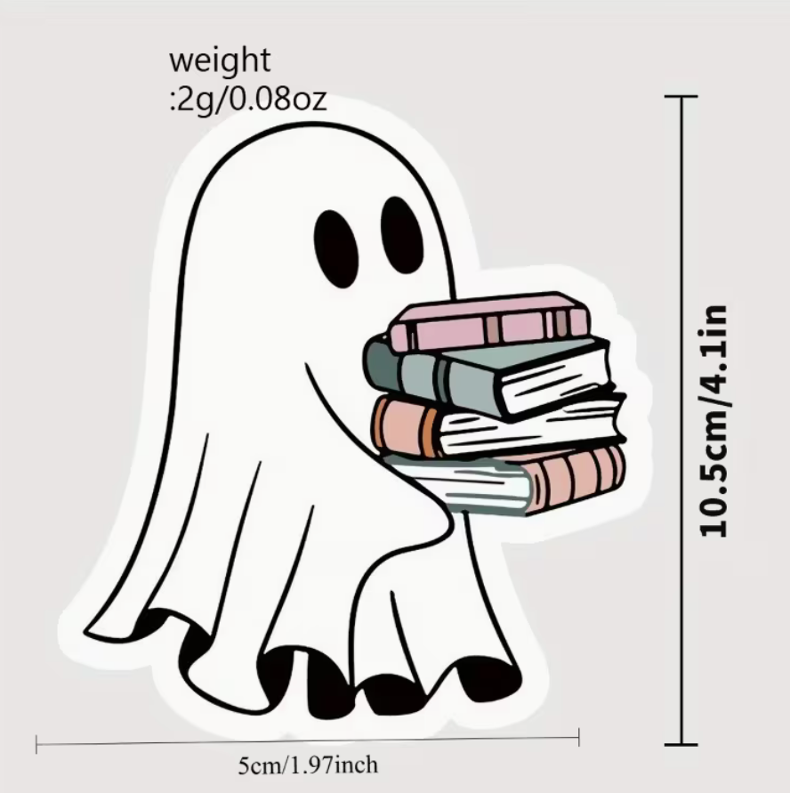 A cartoon ghost sticker holding a stack of books, shown with printed dimensions and weight text on a light gray background.