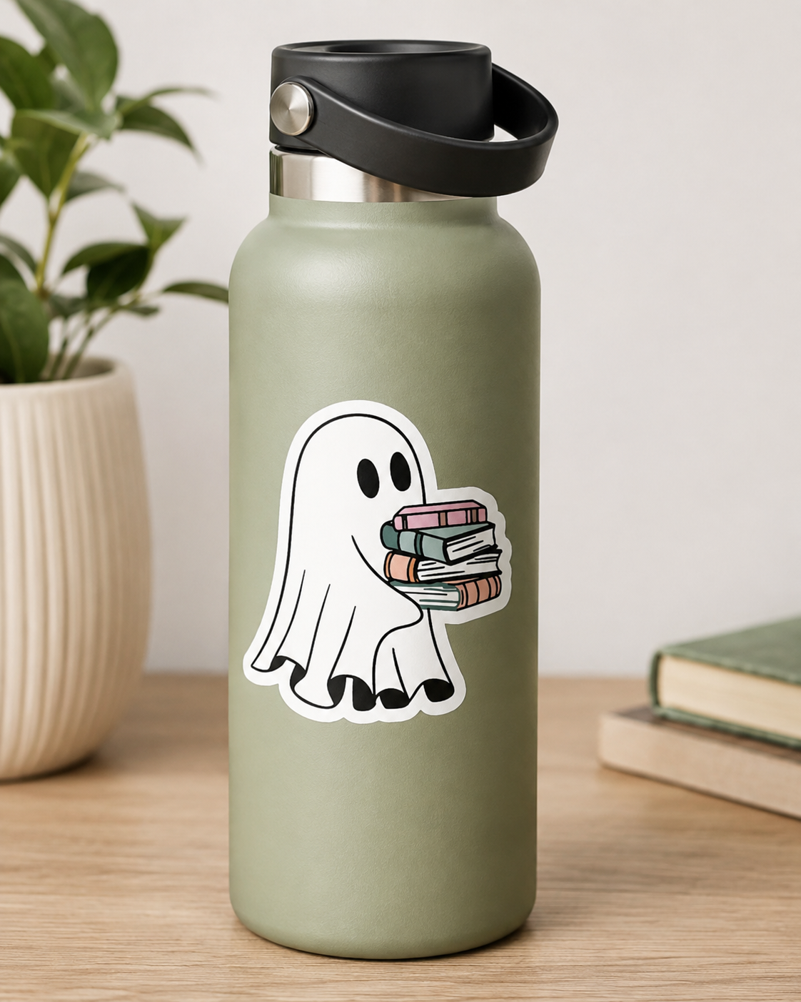 Cute white ghost carrying a stack of pastel books, bookish vinyl sticker for water bottles, laptops and notebooks.