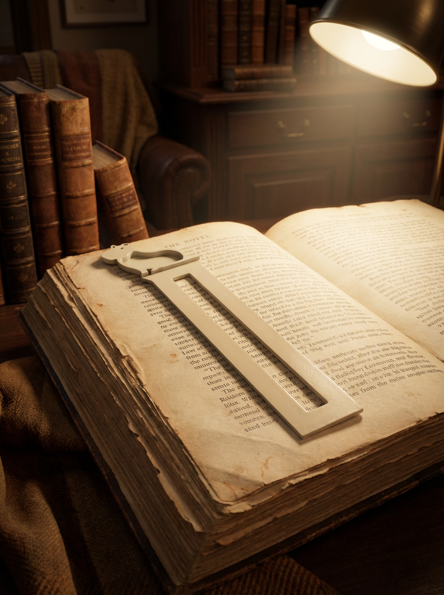 3D printed capybara bookmark resting on an open book under a reading lamp in a cozy library setting