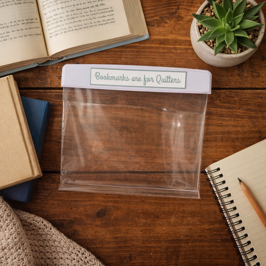 Clear reusable zip pouch labeled Bookmarks are for Quitters styled on a wooden desk flat lay with books, notebook, pencil, and small plant for a bookish workspace scene