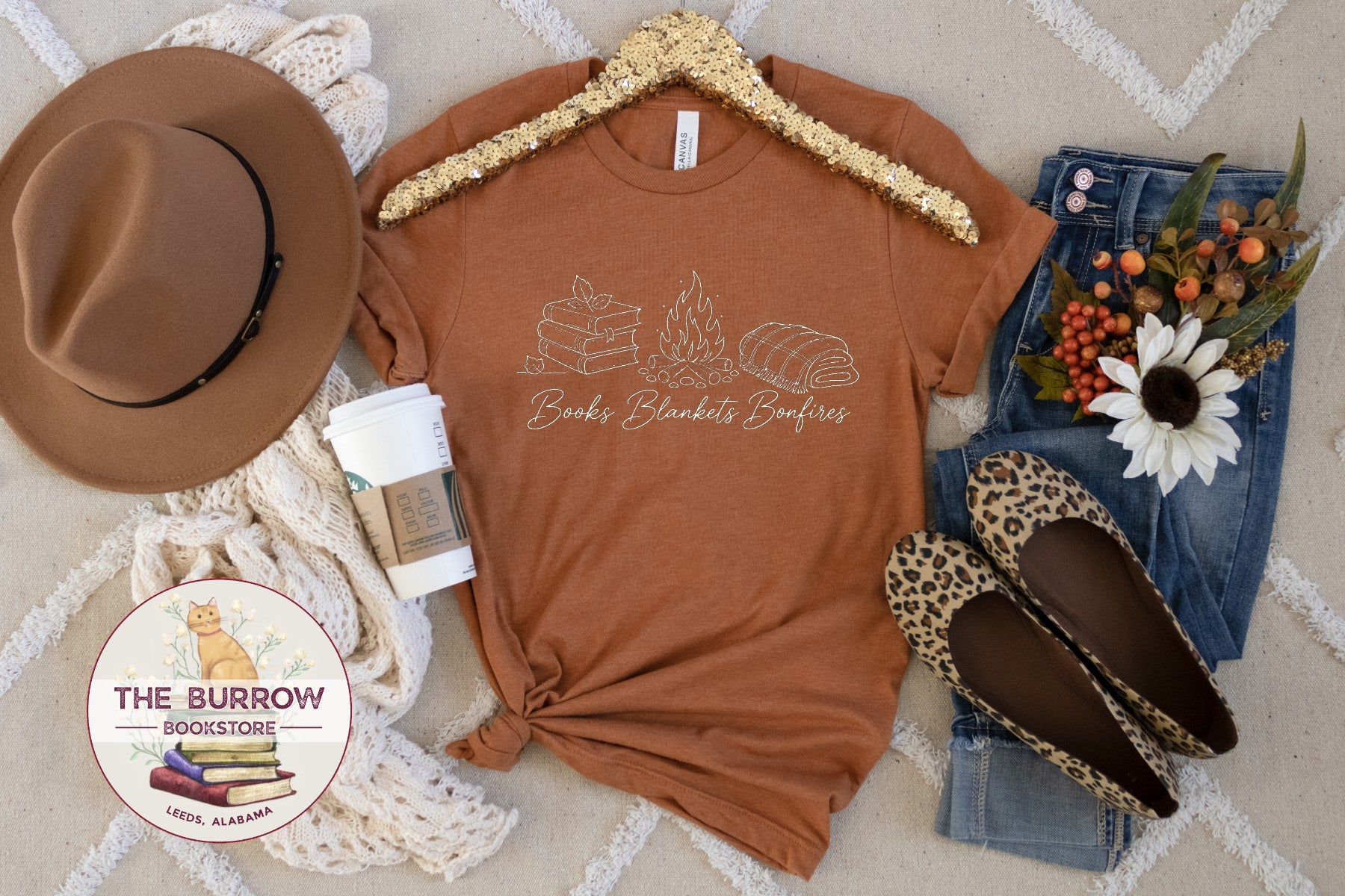 Autumn rust heather Books Blankets Bonfires T-shirt with white book, bonfire and blanket design