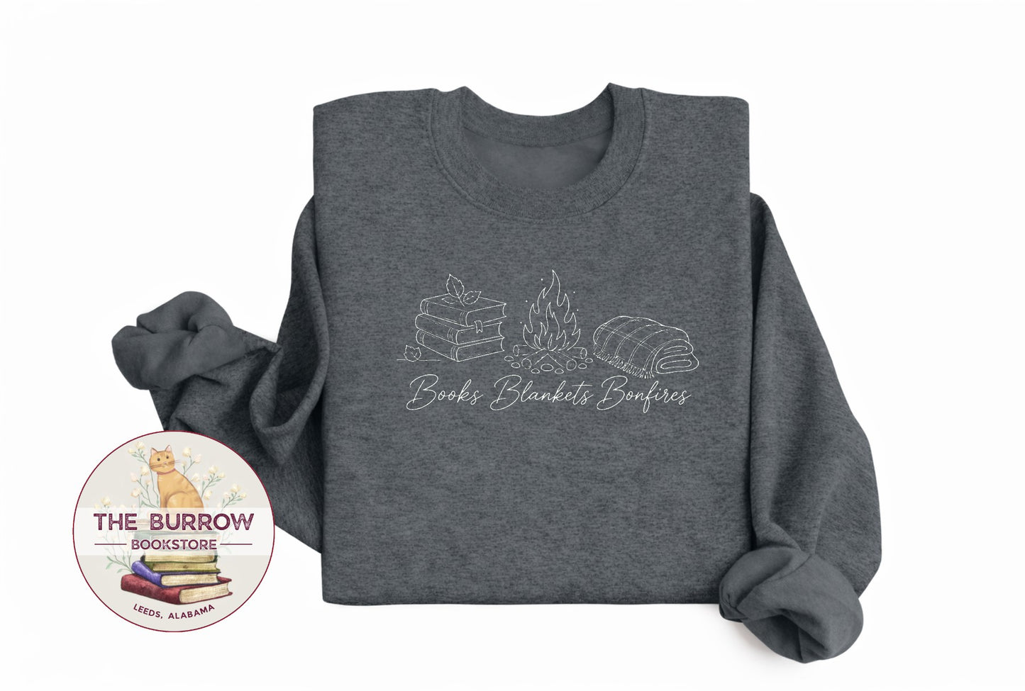 Charcoal gray Books Blankets Bonfires sweatshirt with white book stack, campfire and blanket design