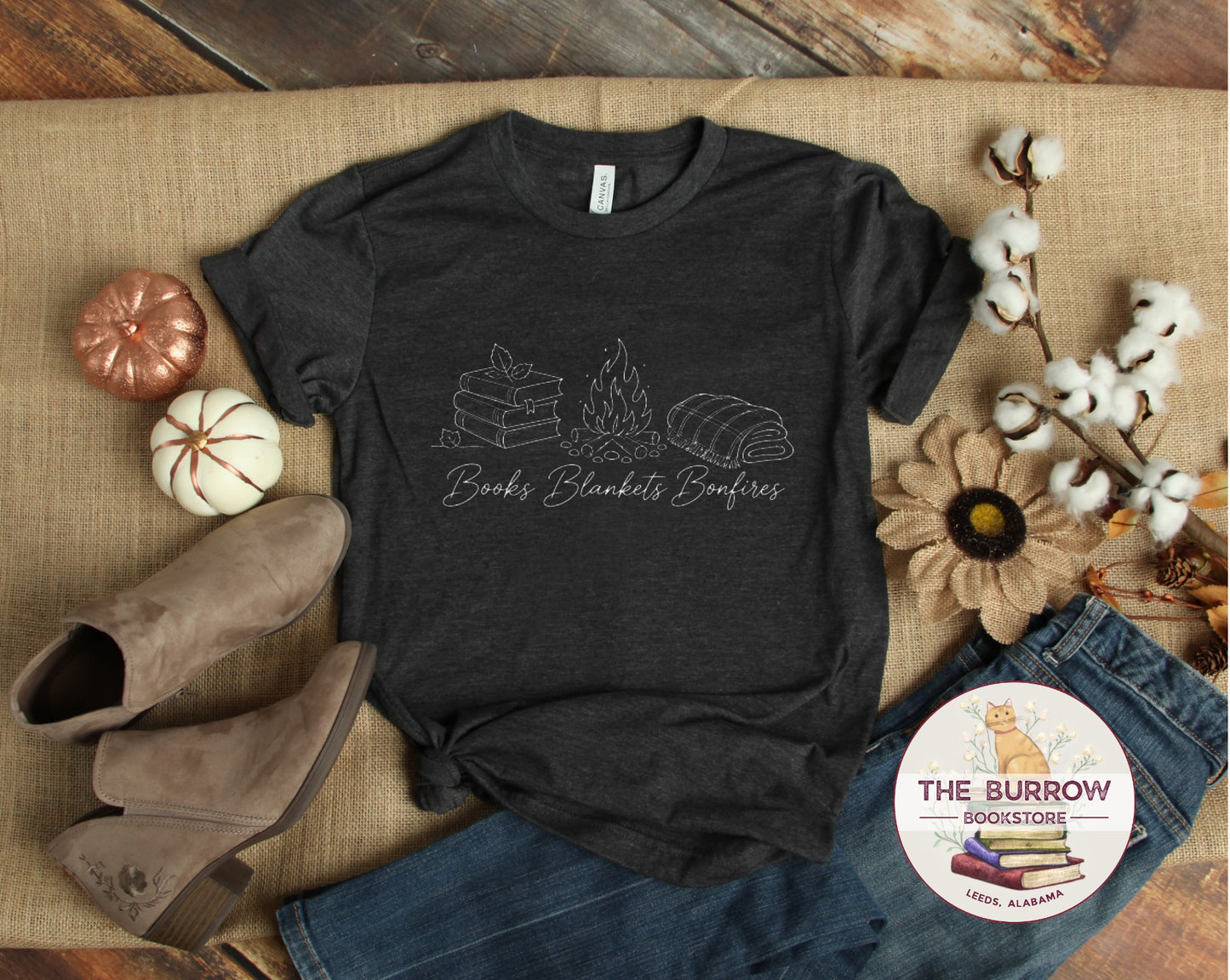 Dark gray heather Books Blankets Bonfires bookish T-shirt styled with fall decor, jeans and boots