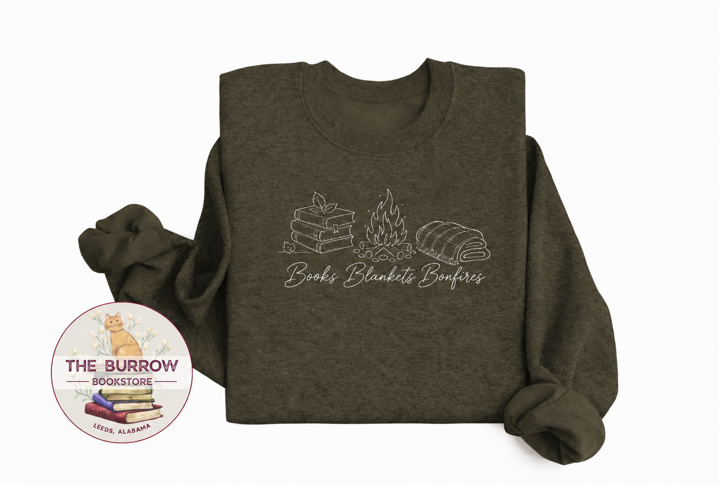Olive green Books Blankets Bonfires sweatshirt featuring books, campfire and cozy blanket line art
