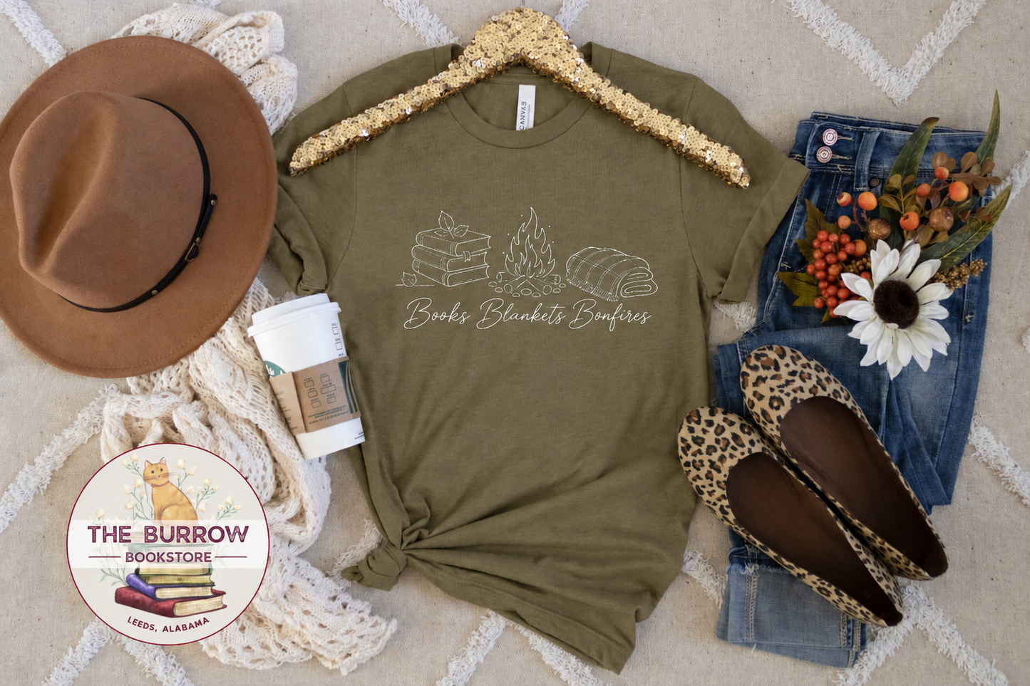 Olive green Books Blankets Bonfires book lover T-shirt styled with cozy fall accessories