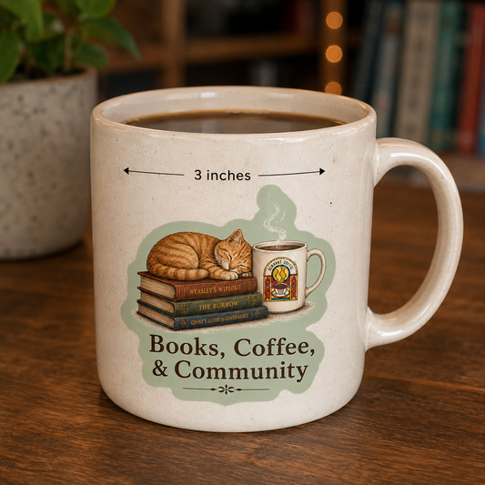 Books Coffee and Community 3 inch vinyl sticker featuring an orange cat sleeping on a stack of books beside a coffee mug