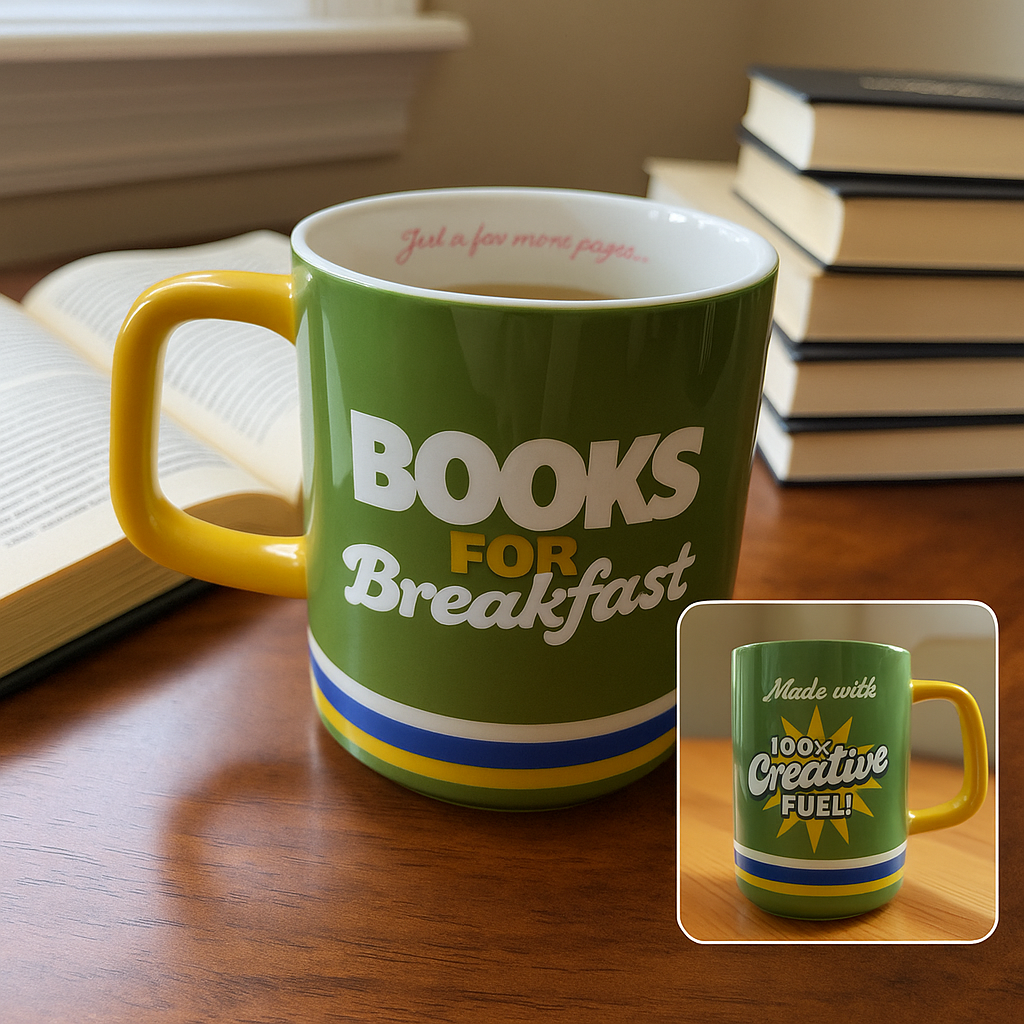 Books for Breakfast mug with inset image showing Creative Fuel design