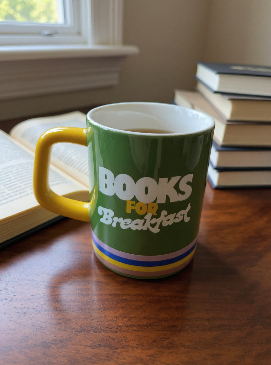 green retro mug with Books for Breakfast design beside open books on a wooden table
