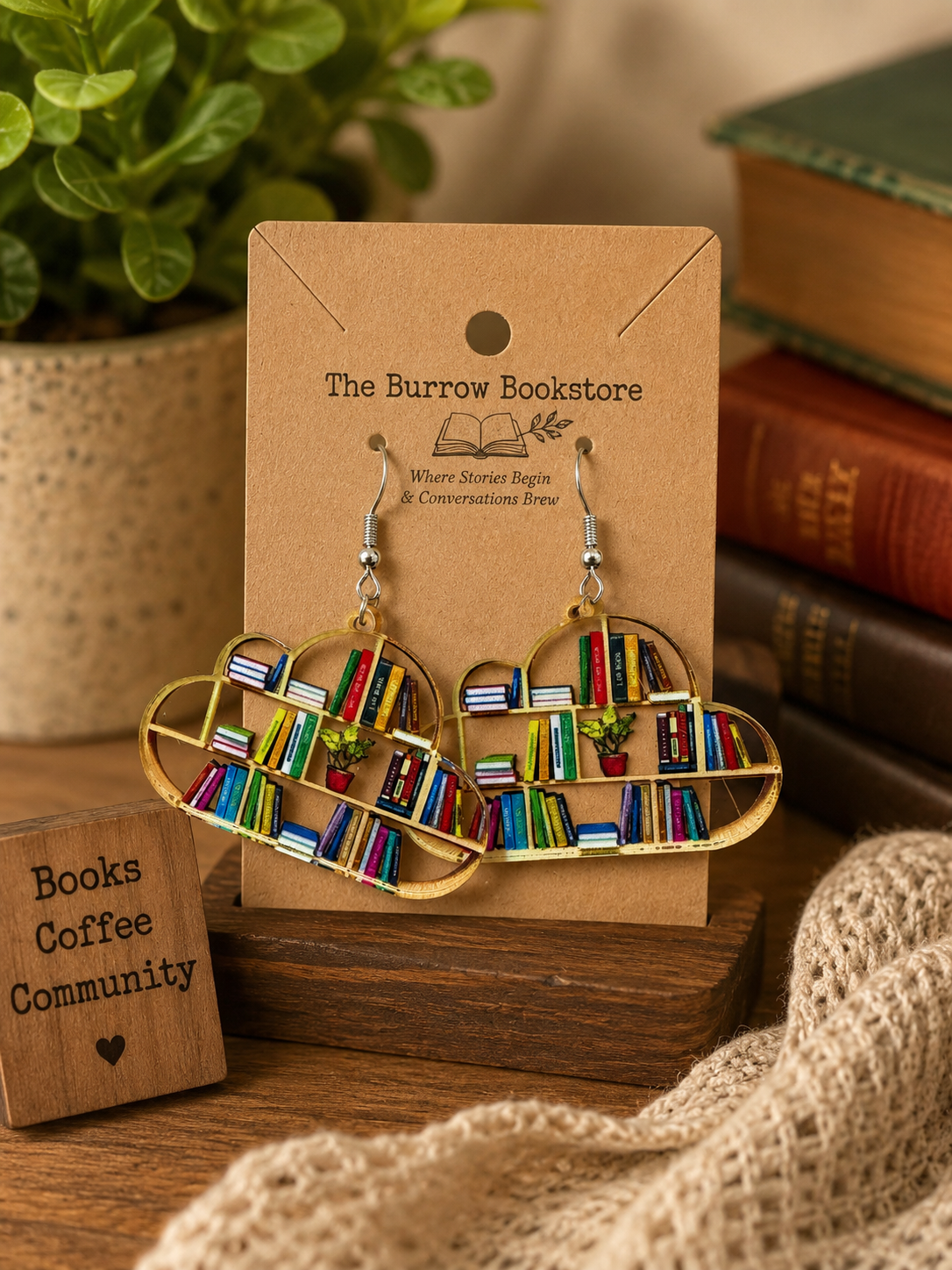 Colorful bookshelf acrylic dangle earrings featuring rows of books and a small potted plant in a gold-tone shelf design