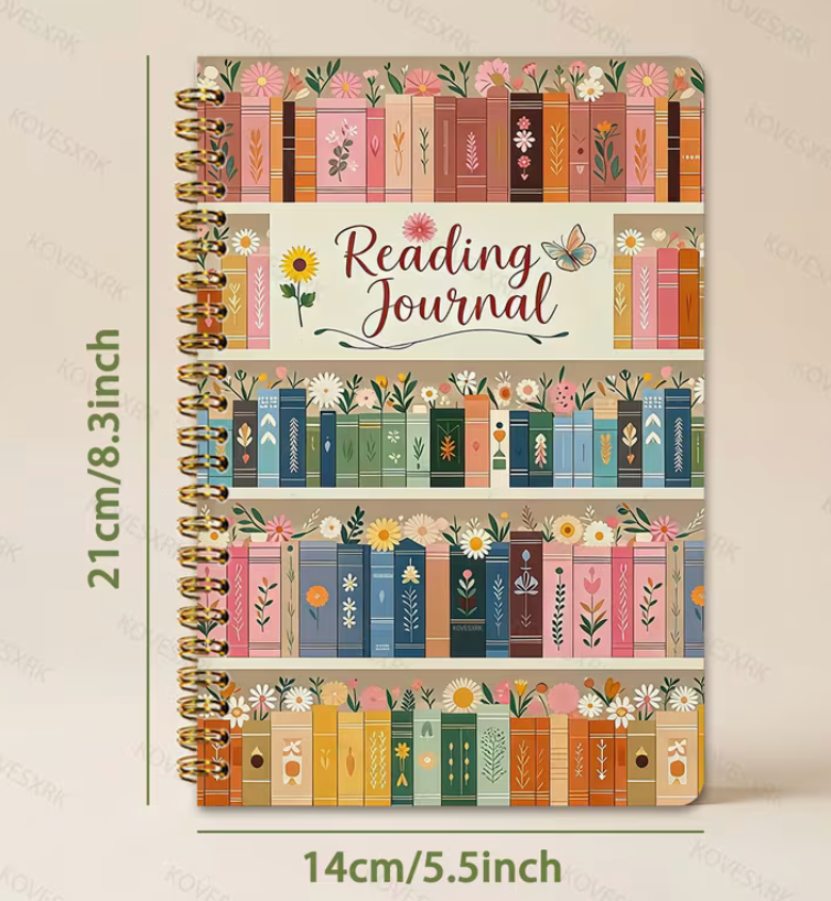 Spiral-bound reading journal featuring colorful illustrated bookshelves with reading logs, reading challenges, book reviews, and goal tracking pages.