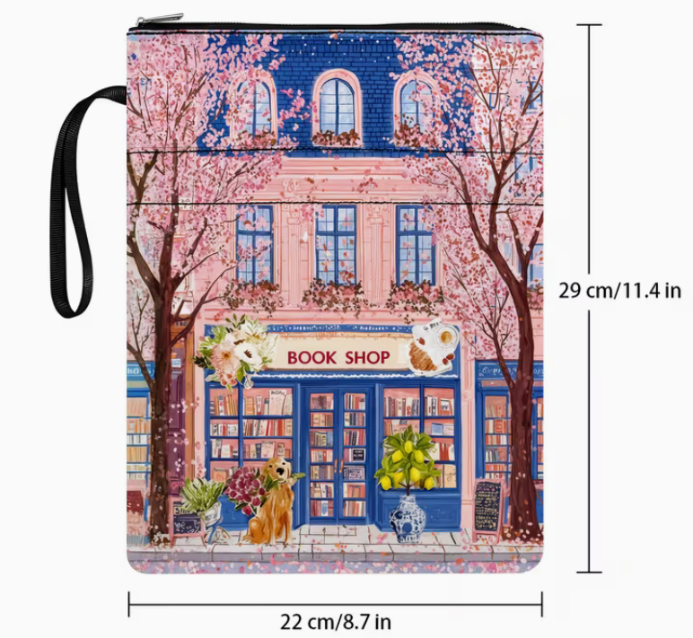 Pouch with a design of a bookshop and cherry blossoms, with dimensions displayed.