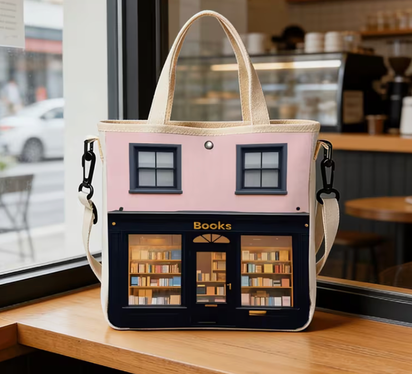 Bookstore storefront tote bag with adjustable shoulder strap, snap closure, and roomy interior for book lovers.