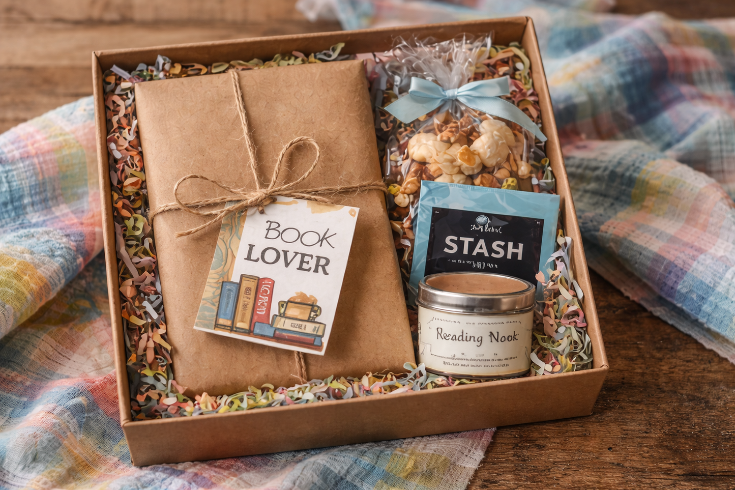 Colorful boxed blind date with a book gift set featuring a wrapped book, caramel popcorn, tea packet, candle, and bookish notepad arranged in pastel shredded filler on a wooden surface.