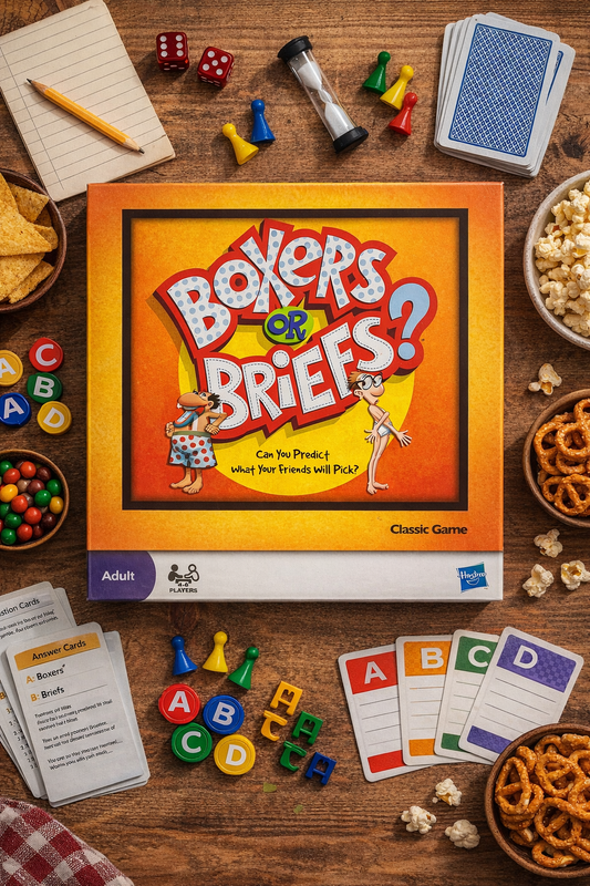 Boxers or Briefs classic adult board game by Hasbro displayed in a flat lay with game cards, chips, dice, popcorn, and snacks on a wooden table.