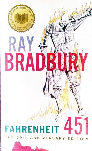 This image displays the cover of a mass market paperback edition of Ray Bradbury's classic novel, "Fahrenheit 451." The cover art features a striking illustration of a man being carried away by firemen, with a vivid backdrop that includes a burning building and a dynamic, textured sky.