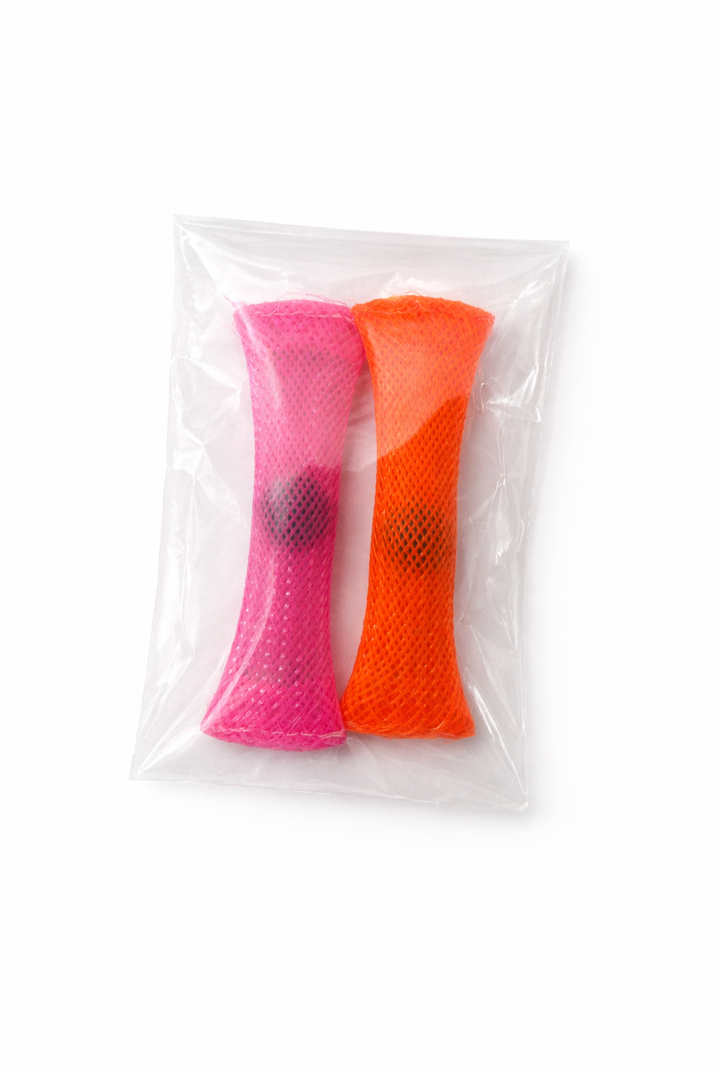 Pink and orange braided mesh marble fidget toys in clear packaging, each with a green marble inside the woven sleeve for sensory play.