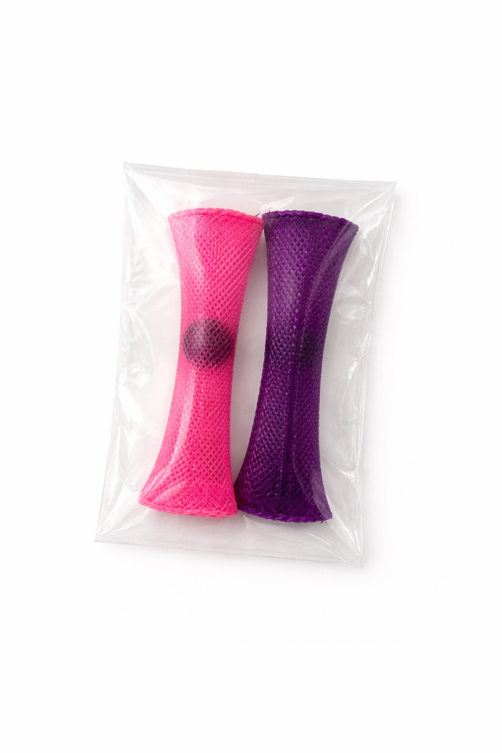 Pink and purple braided mesh marble fidget toys in clear packaging, each with a green marble inside the woven sleeve for sensory play.