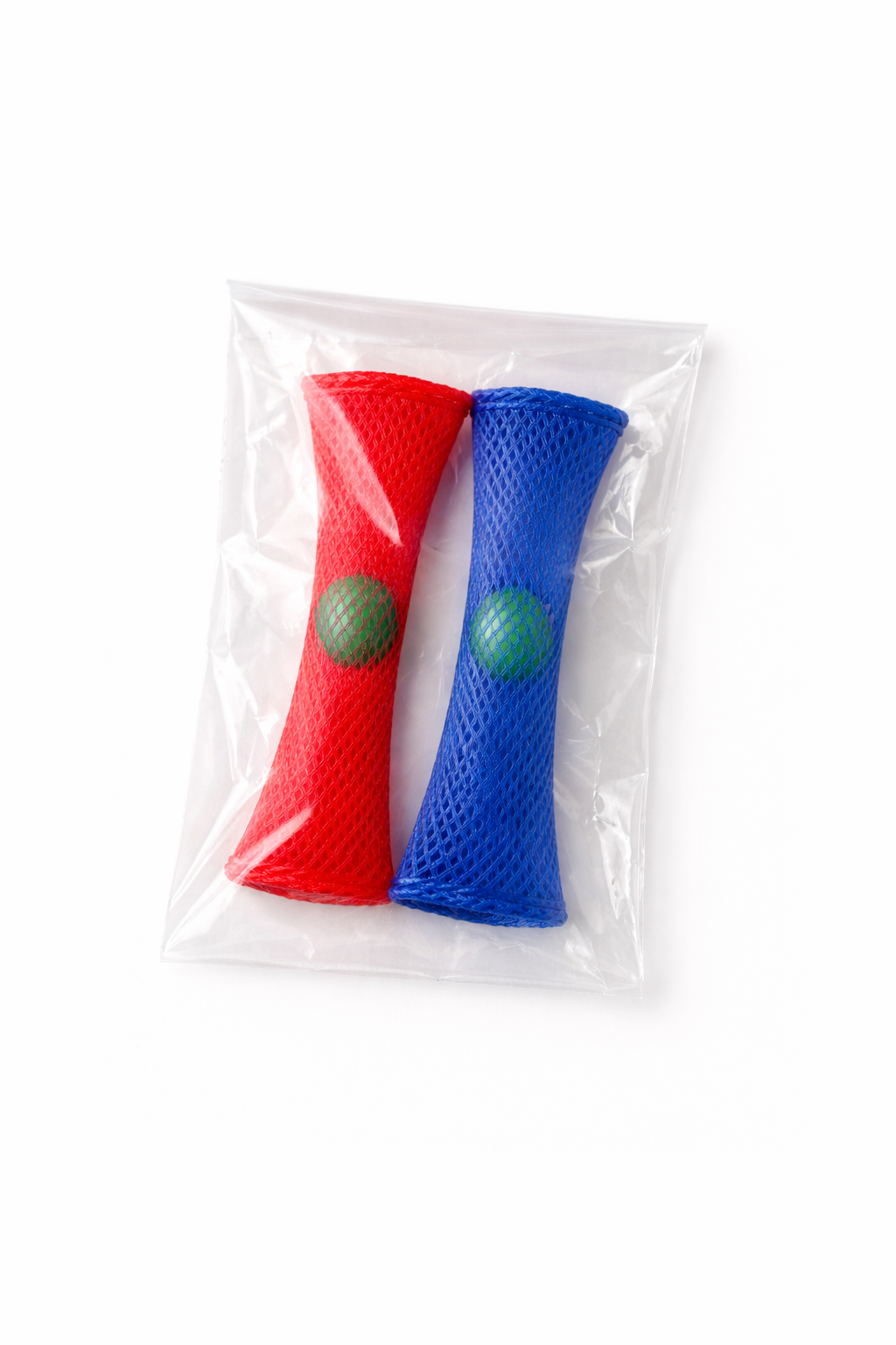 Red and blue braided mesh marble fidget toys in clear packaging, each with a green marble inside the woven sleeve for sensory play.