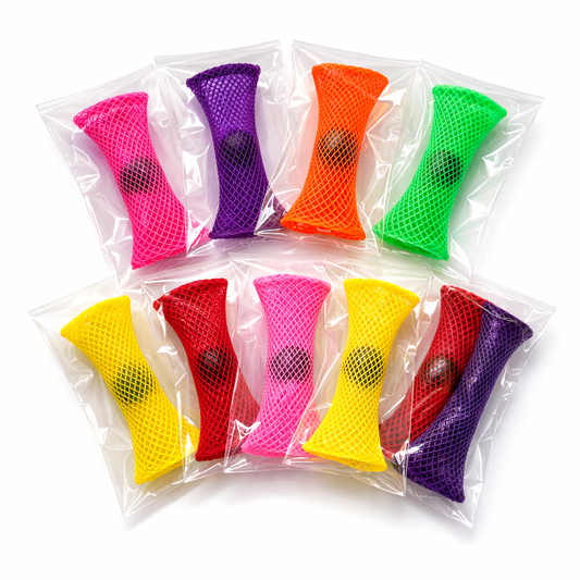 Colorful braided mesh marble fidget toy with a movable marble inside a woven sensory sleeve for quiet focus and anxiety relief.