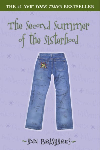 Cover of The Second Summer of the Sisterhood by Ann Brashares, featuring an illustration of the iconic Traveling Pants with the four friends in the background.