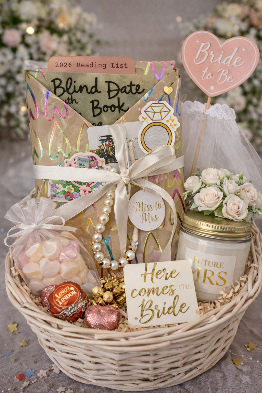 Bridal shower gift basket with 'Blind Date' book, candles, and decorative items.