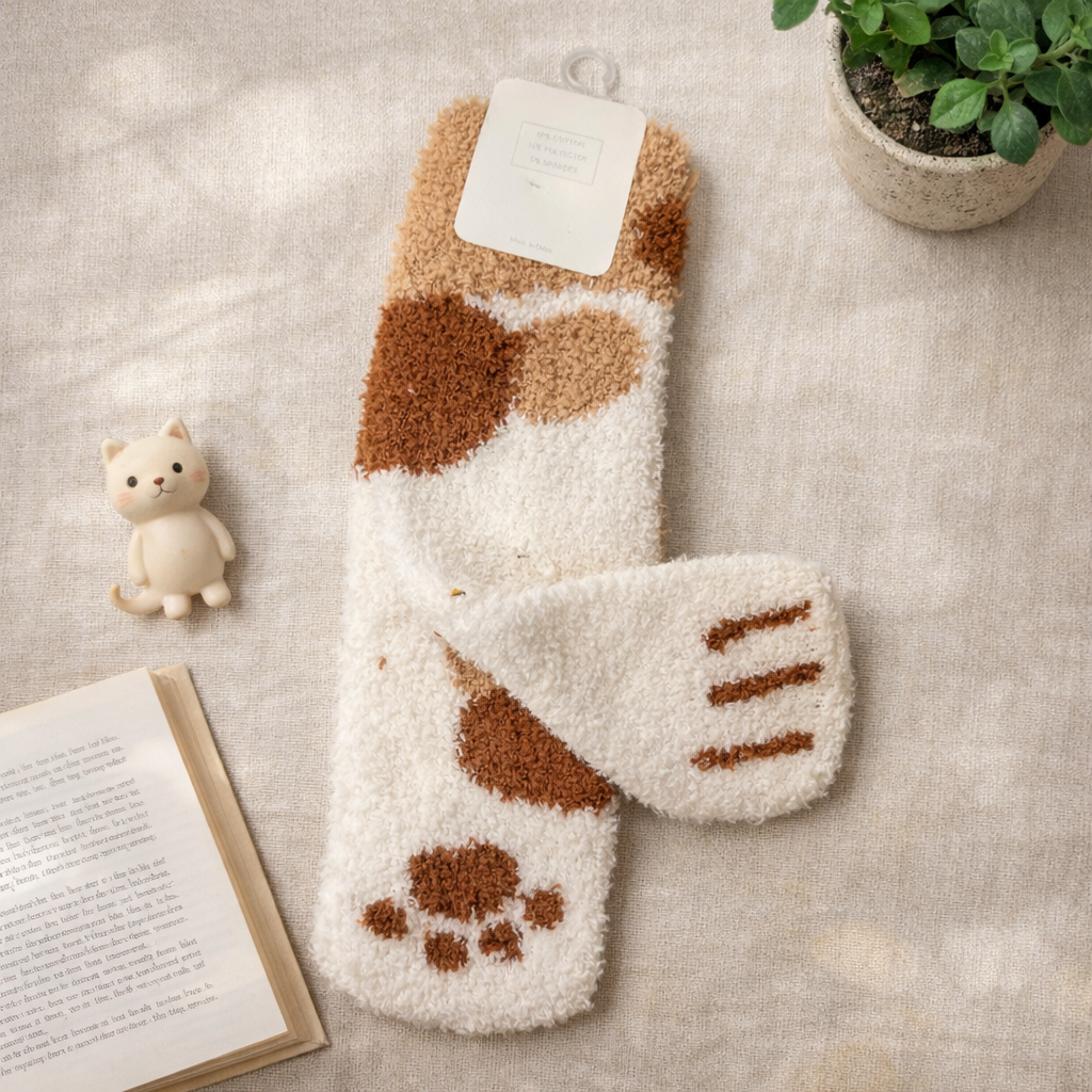 Flat lay of brown and cream fuzzy cat paw socks with paw pad design and claw toe markings, styled with a small cat figurine, open book, and potted plant on a neutral fabric background.