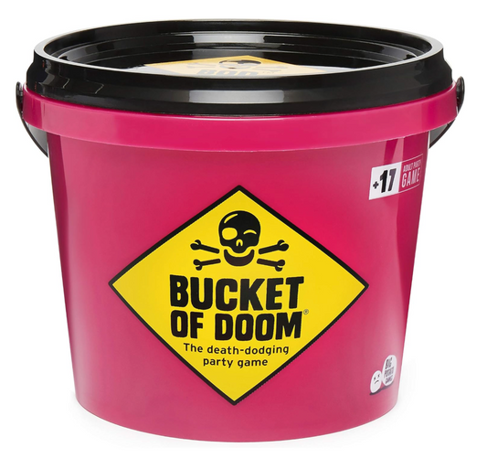 Bucket of Doom adult party game in signature pink bucket featuring humorous survival challenges and storytelling gameplay for ages 17 and up.
